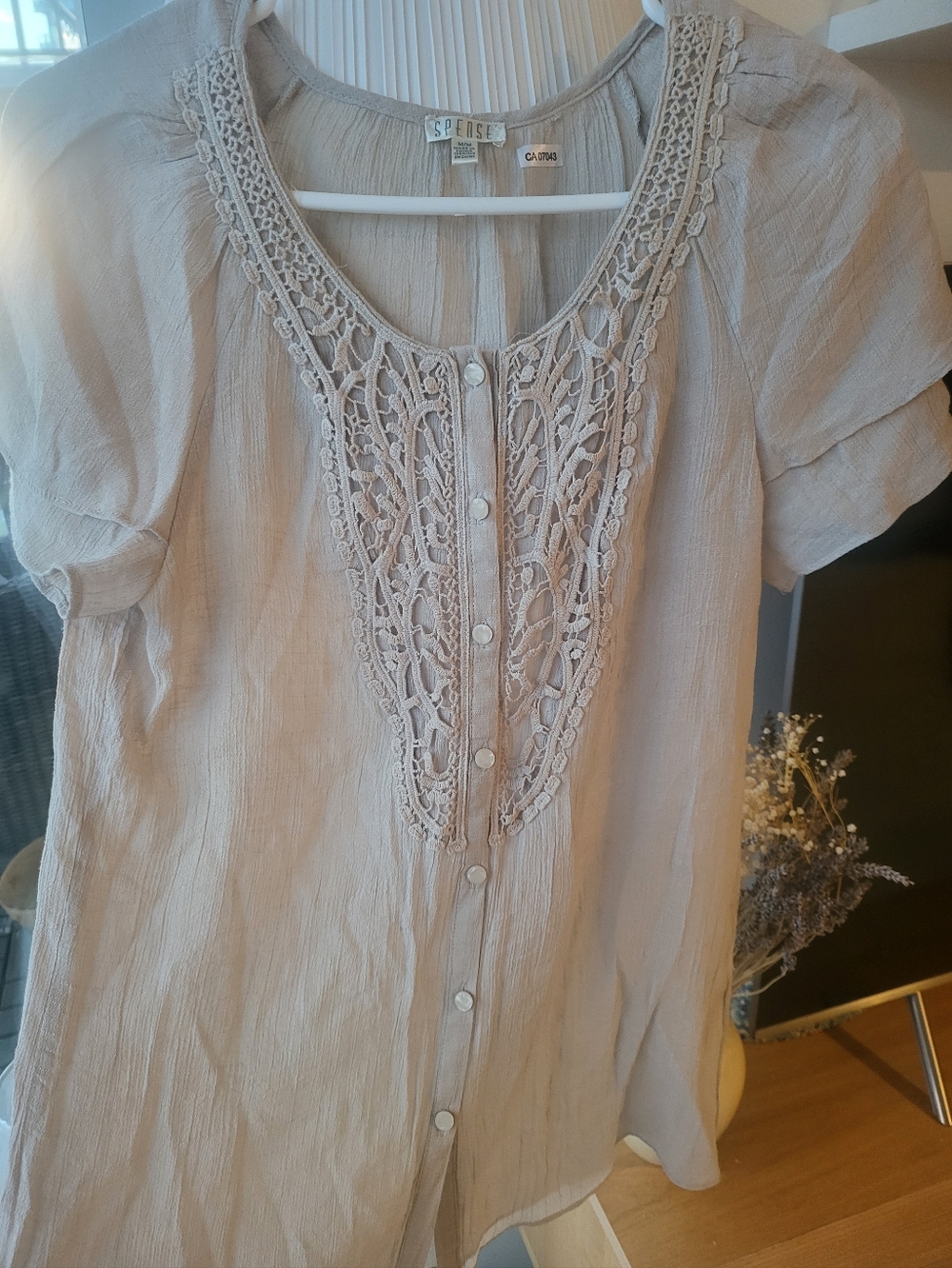 SPENSE Light Cream Button-Front Blouse with Crochet Yoke
